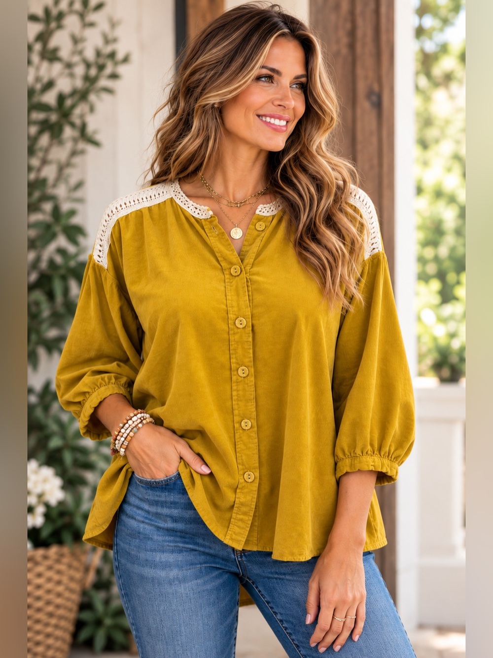 Zara Basic Mustard Yellow Button-Front Lightweight Corduroy Top, Crochet Trim